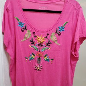 Size 2X charter club woman. Pink floral with birds tee shirt. Very cute. 100% co